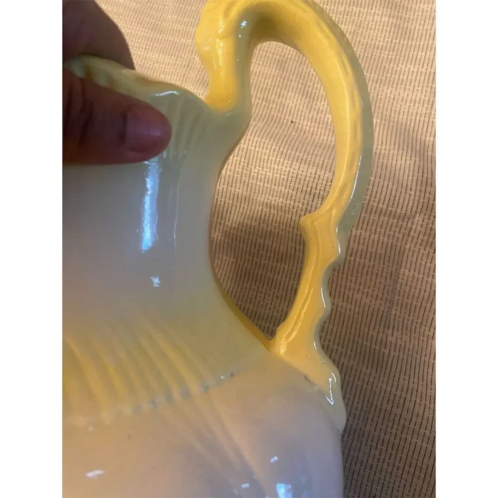 Vintage Yellow Ceramic Vase with Ruffled Top & Stylish Handle